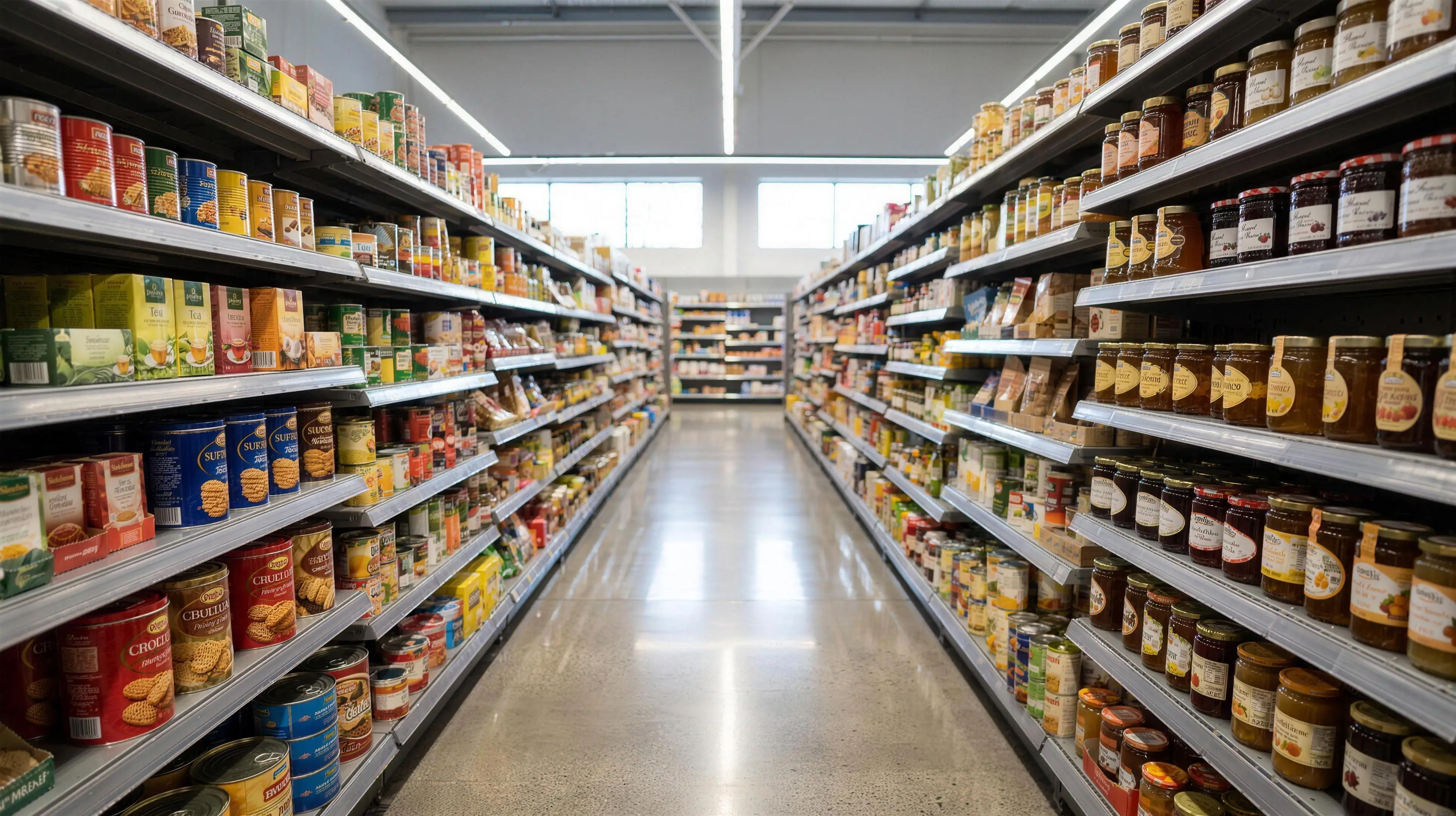 A bright, fully stocked supermarket aisle of imported canned goods, tea, biscuits, honey and jam
